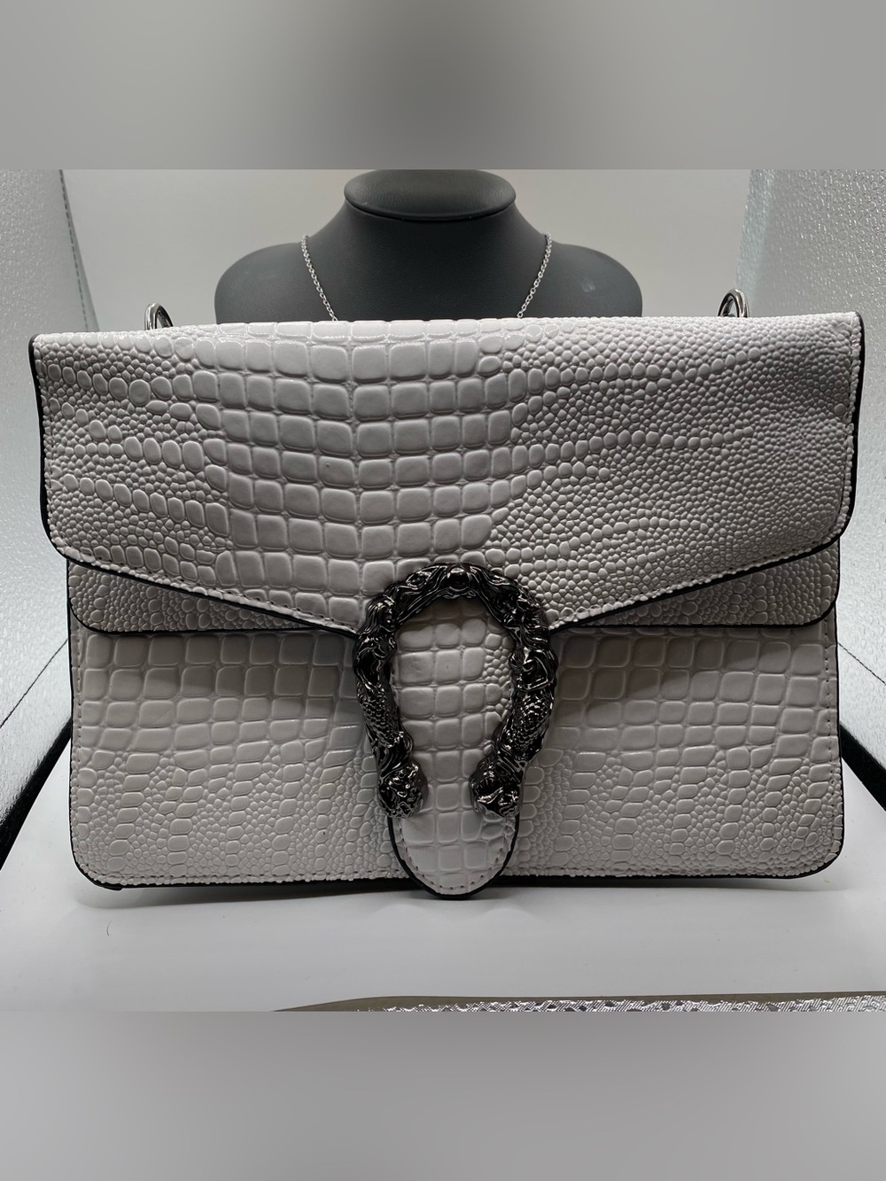 White Croc-Embossed Women's Shoulder Bag with Silver Hardware
